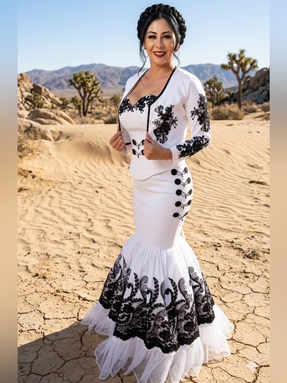White Maxi Mermaid Dress with Black Lace Appliqué